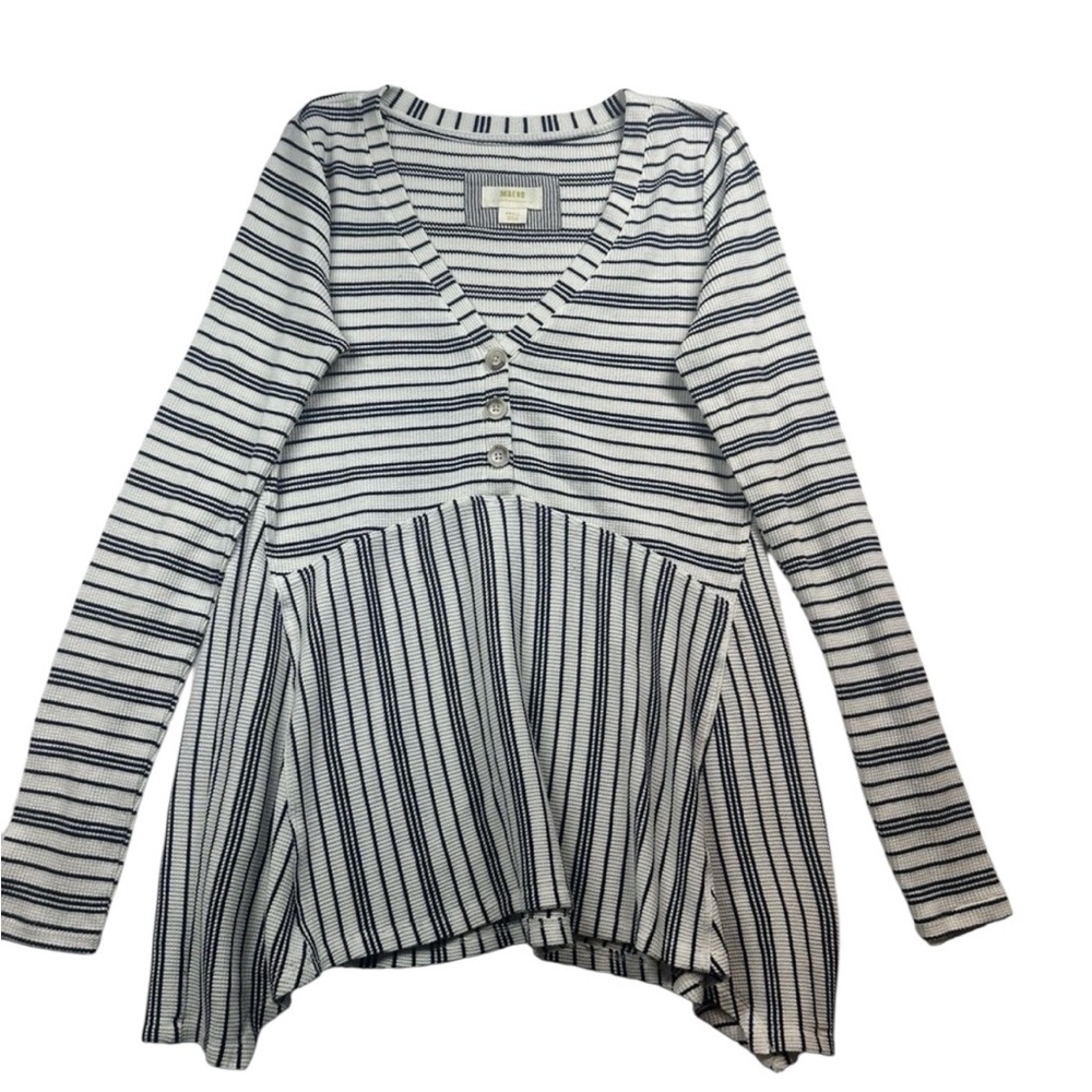 Anthropologie Waffle Knit Henley Babydoll Tunic Women's Small White Blue Stripe